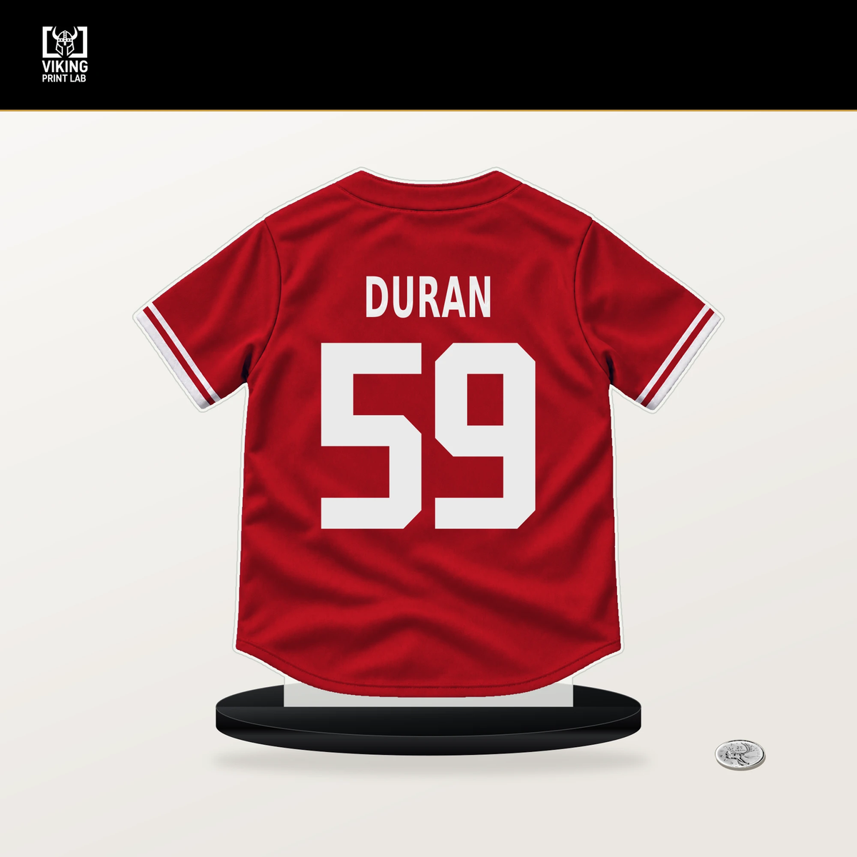 Jhoan Duran number 59 Philadelphia Phillies jersey stand with included black base.