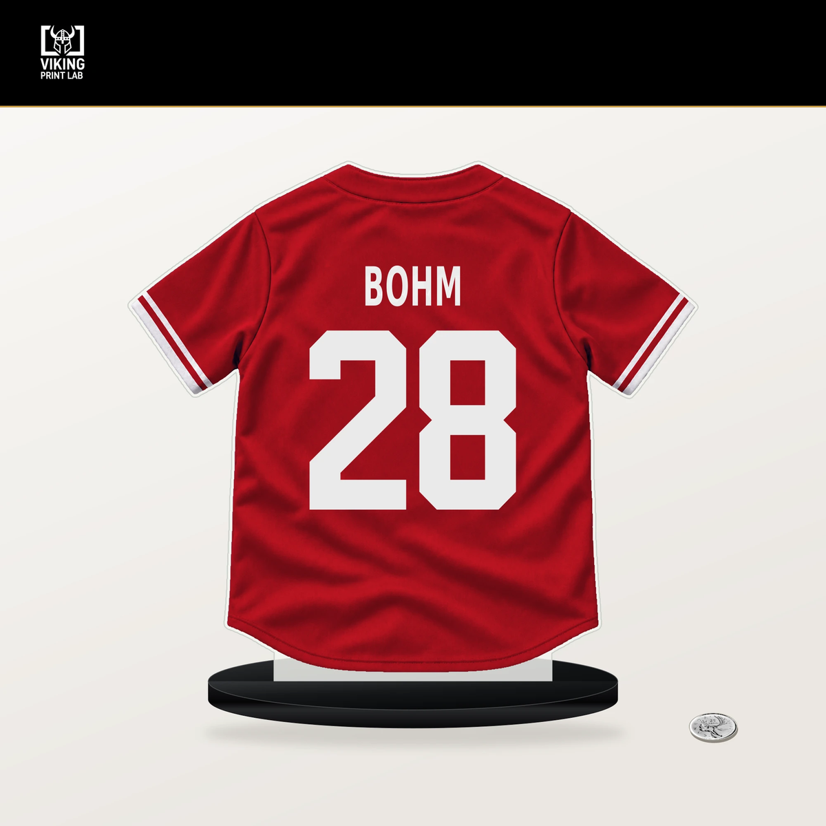 Alec Bohm number 28 Philadelphia Phillies jersey stand with included black base.