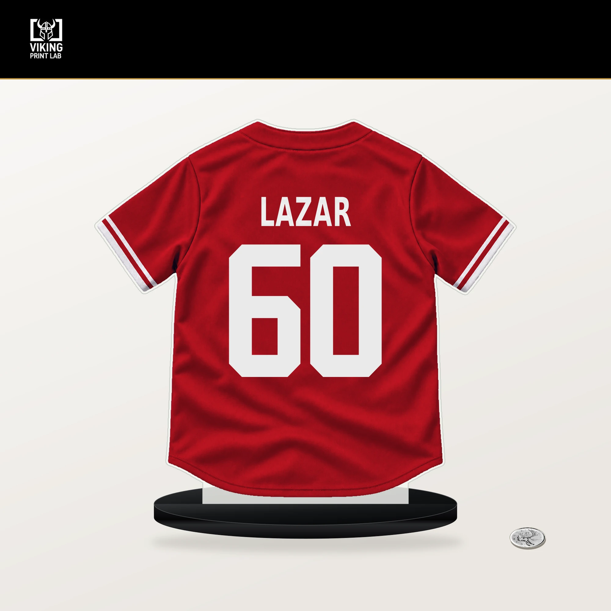 Max Lazar number 60 Philadelphia Phillies jersey stand with included black base.