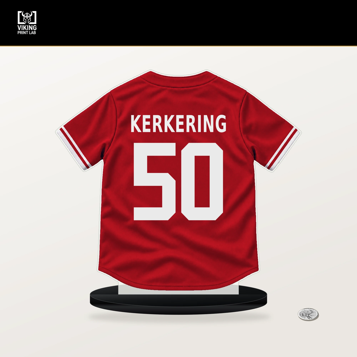 Orion Kerkering number 50 Philadelphia Phillies jersey stand with included black base.