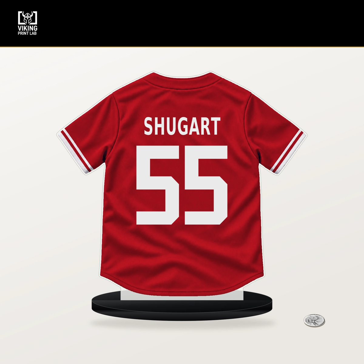 Chase Shugart number 55 Philadelphia Phillies jersey stand with included black base.