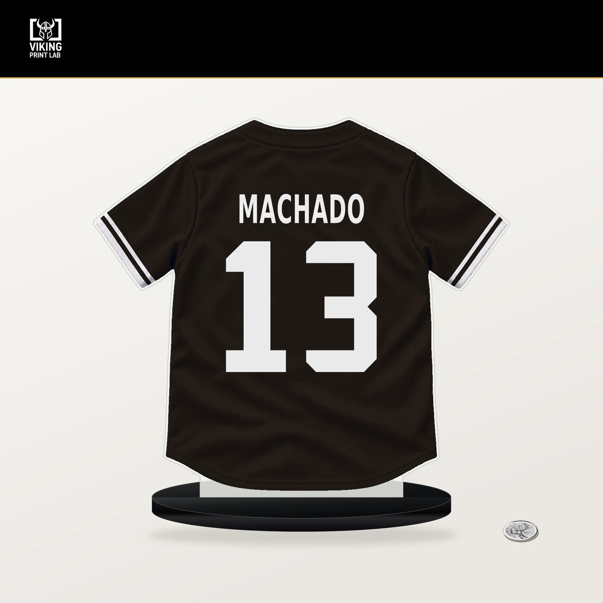 Manny Machado number 13 San Diego Padres jersey stand with included black base.