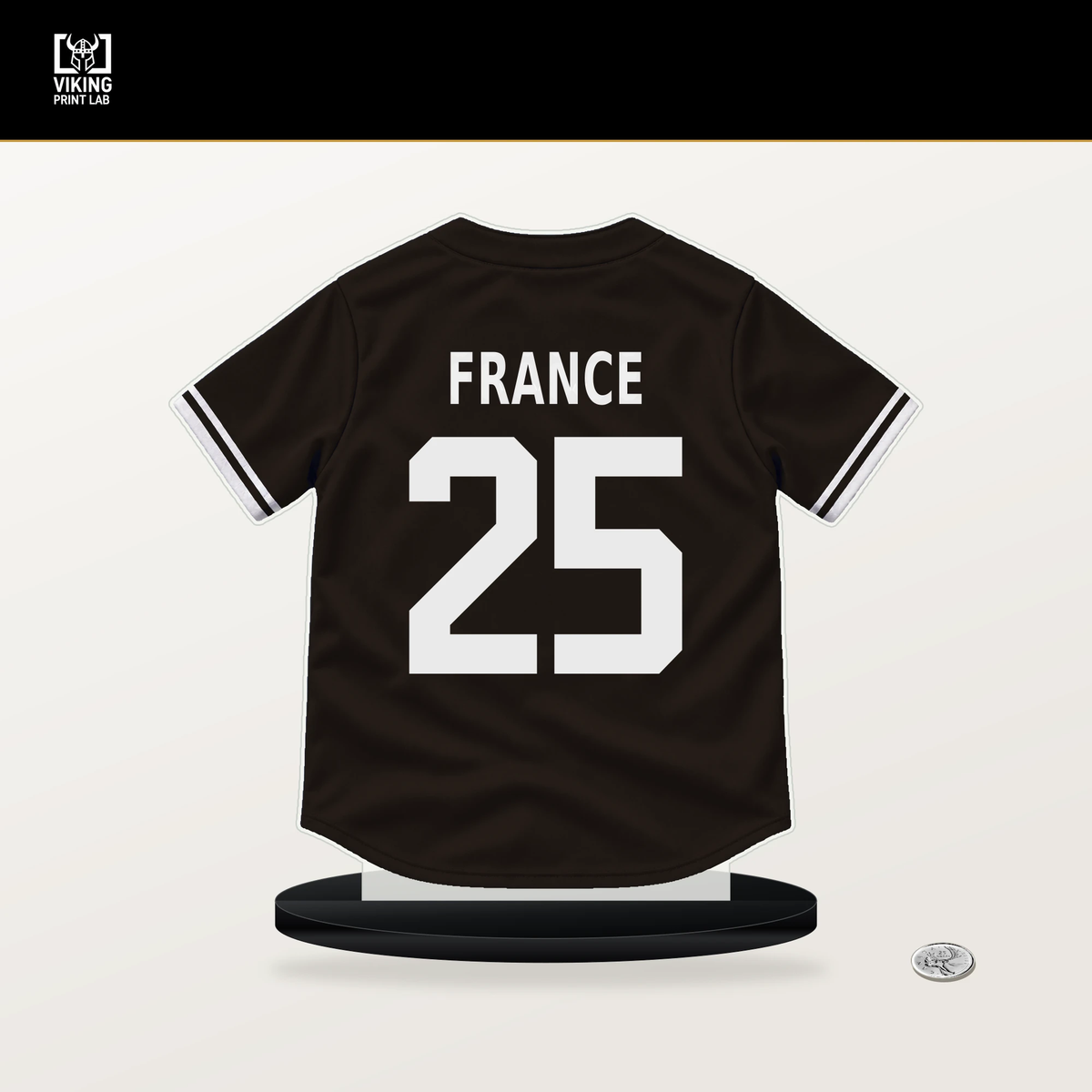 Ty France number 25 San Diego Padres jersey stand with included black base.
