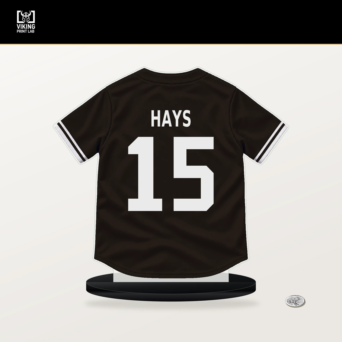 Austin Hays number 15 San Diego Padres jersey stand with included black base.