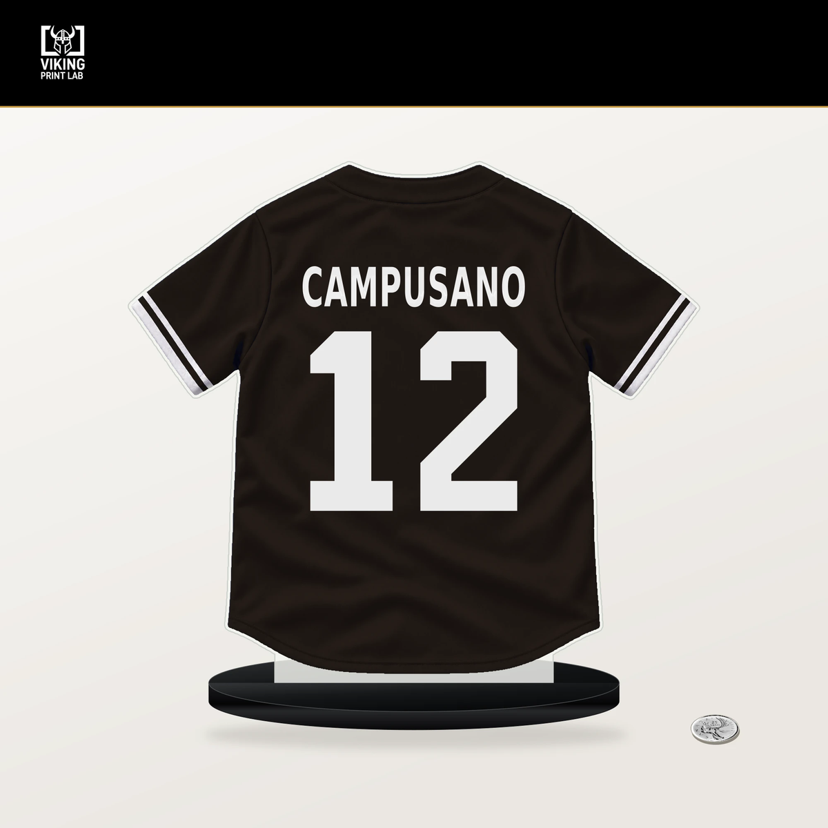 Luis Campusano number 12 San Diego Padres jersey stand with included black base.