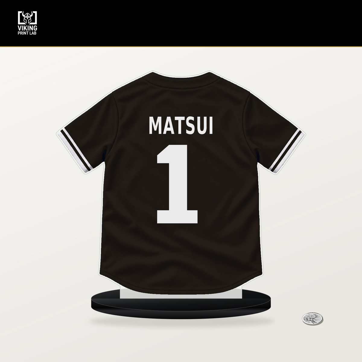 Yuki Matsui number 1 San Diego Padres jersey stand with included black base.