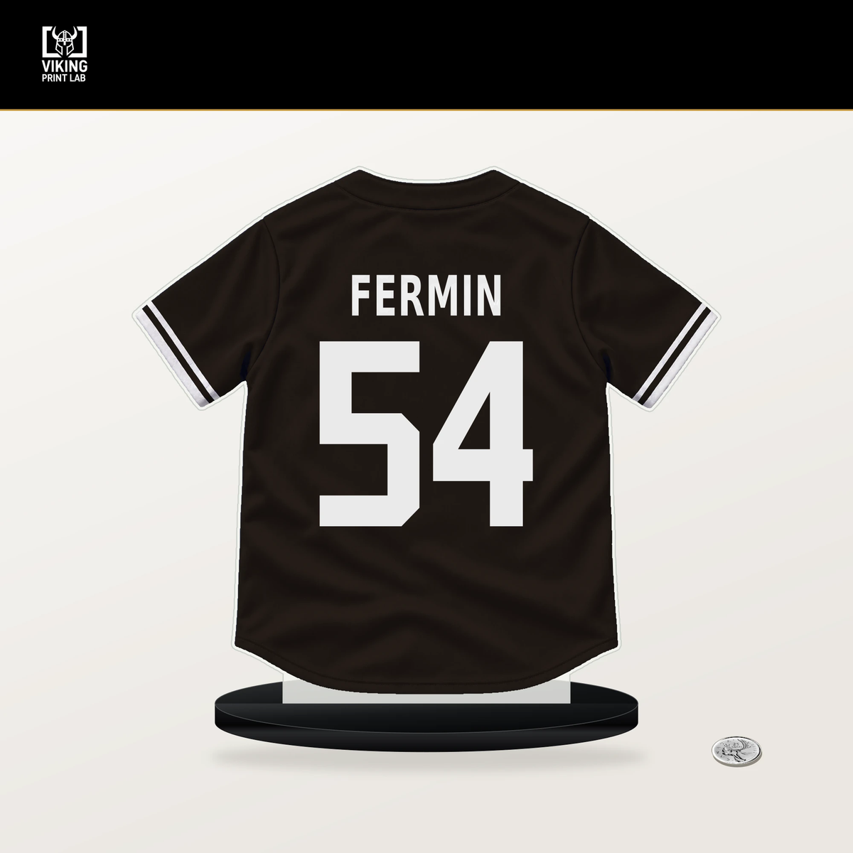 Freddy Fermin number 54 San Diego Padres jersey stand with included black base.