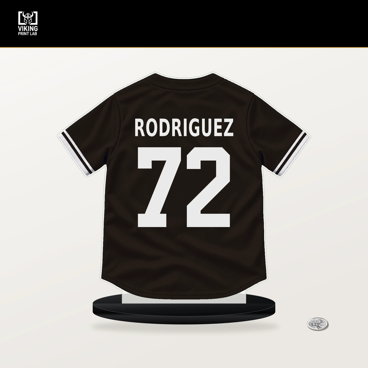 Bradgley Rodriguez number 72 San Diego Padres jersey stand with included black base.
