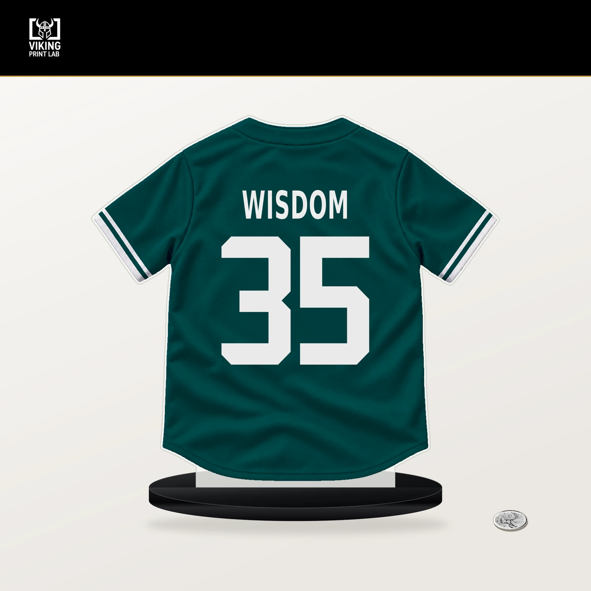 Patrick Wisdom number 35 Seattle Mariners jersey stand with included black base.