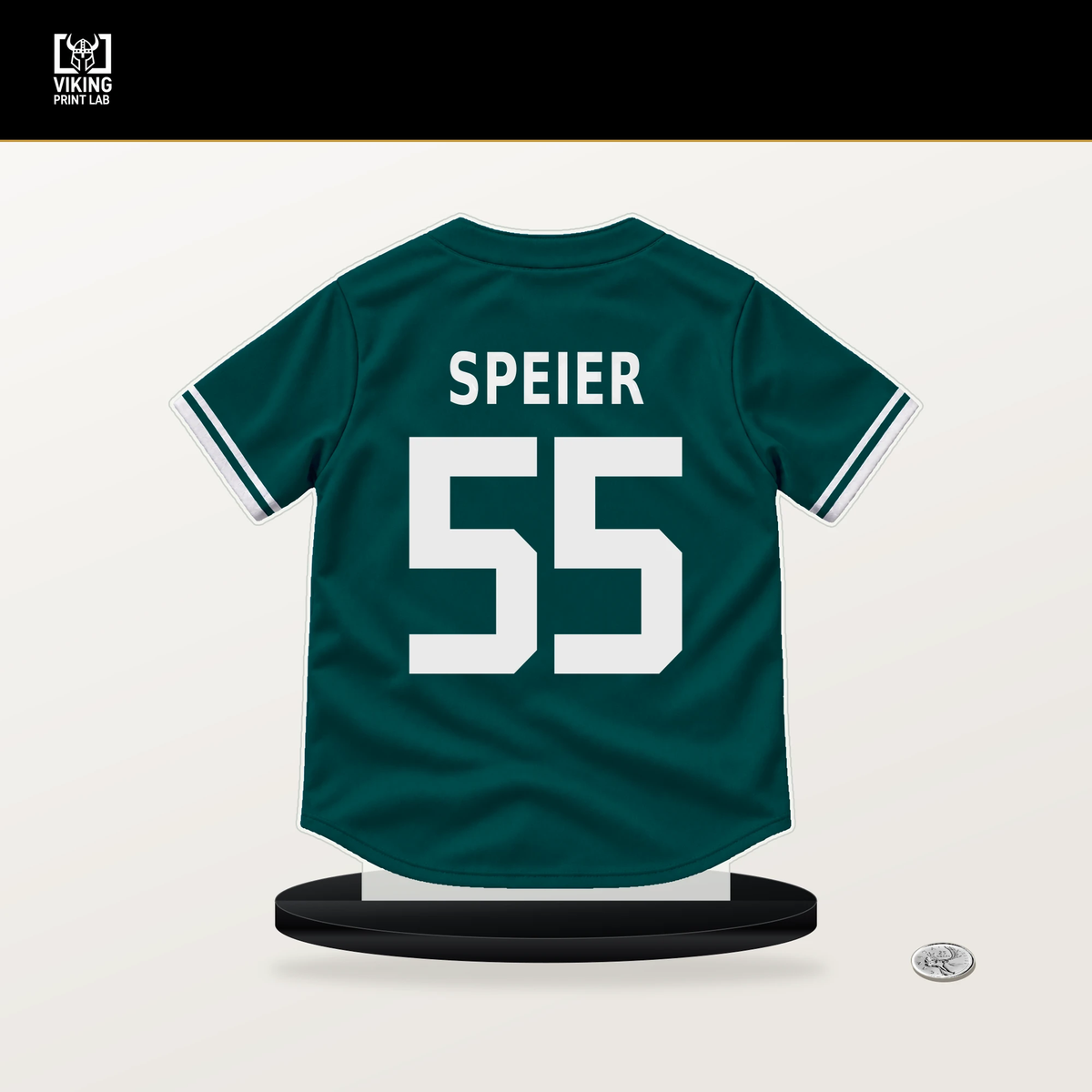 Gabe Speier number 55 Seattle Mariners jersey stand with included black base.
