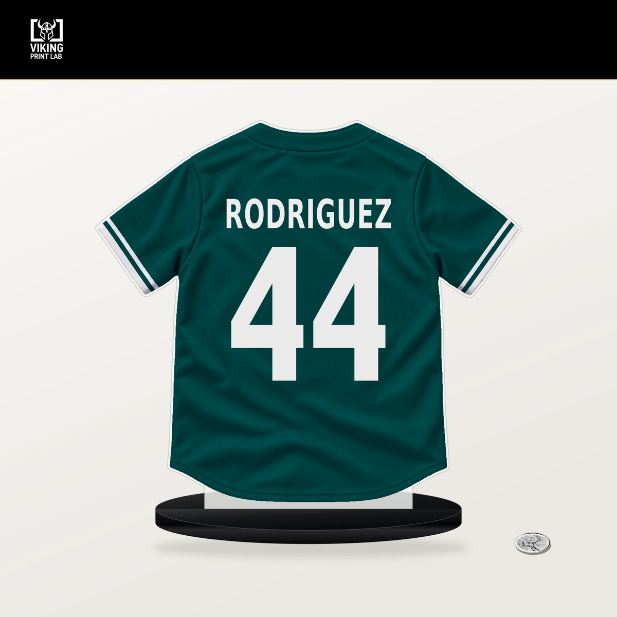 Julio Rodriguez number 44 Seattle Mariners jersey stand with included black base.