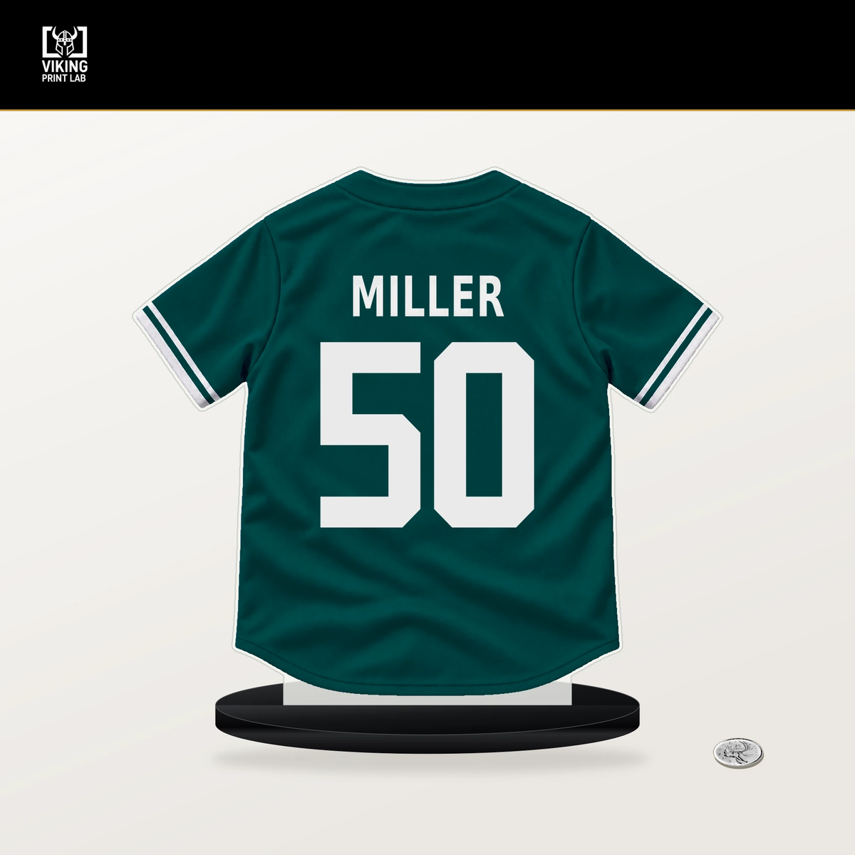 Bryce Miller number 50 Seattle Mariners jersey stand with included black base.