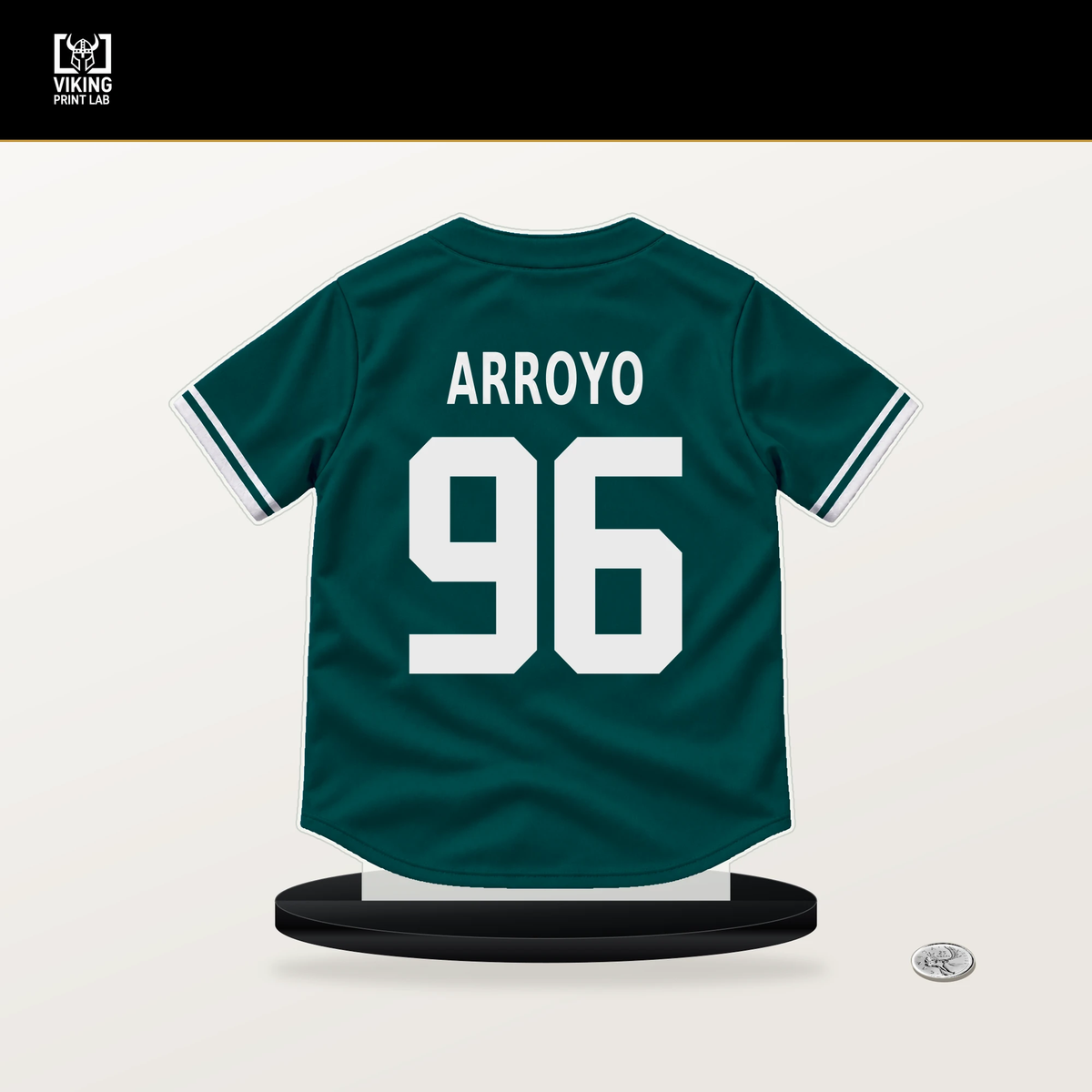 Michael Arroyo number 96 Seattle Mariners jersey stand with included black base.
