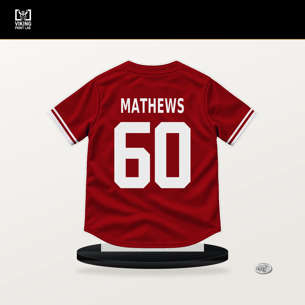 Quinn Mathews number 60 St. Louis Cardinals jersey stand with included black base.