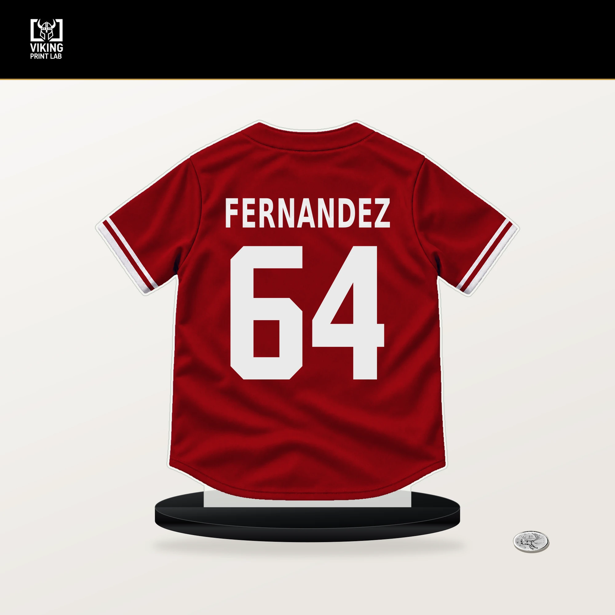 Ryan Fernandez number 64 St. Louis Cardinals jersey stand with included black base.