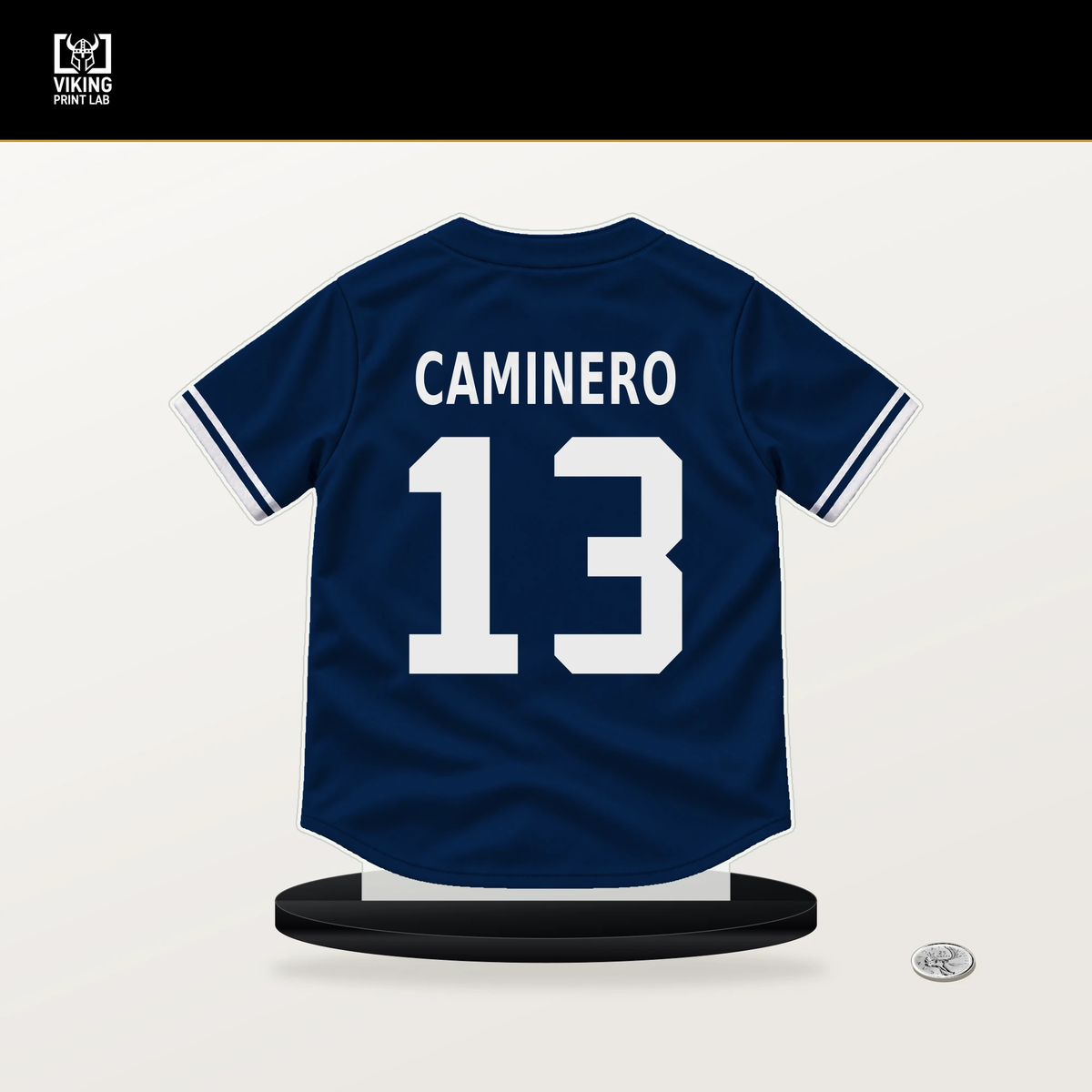 Junior Caminero number 13 Tampa Bay Rays jersey stand with included black base.