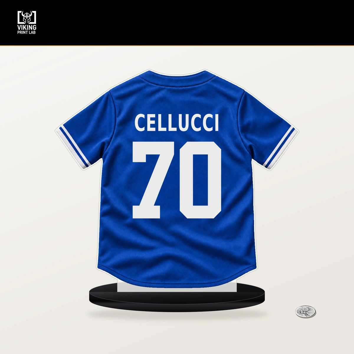 Brendan Cellucci number 70 Toronto Blue Jays jersey stand with included black base.