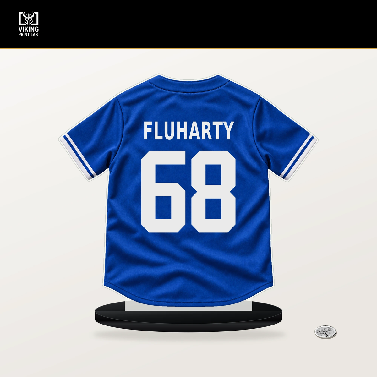 Mason Fluharty number 68 Toronto Blue Jays jersey stand with included black base.