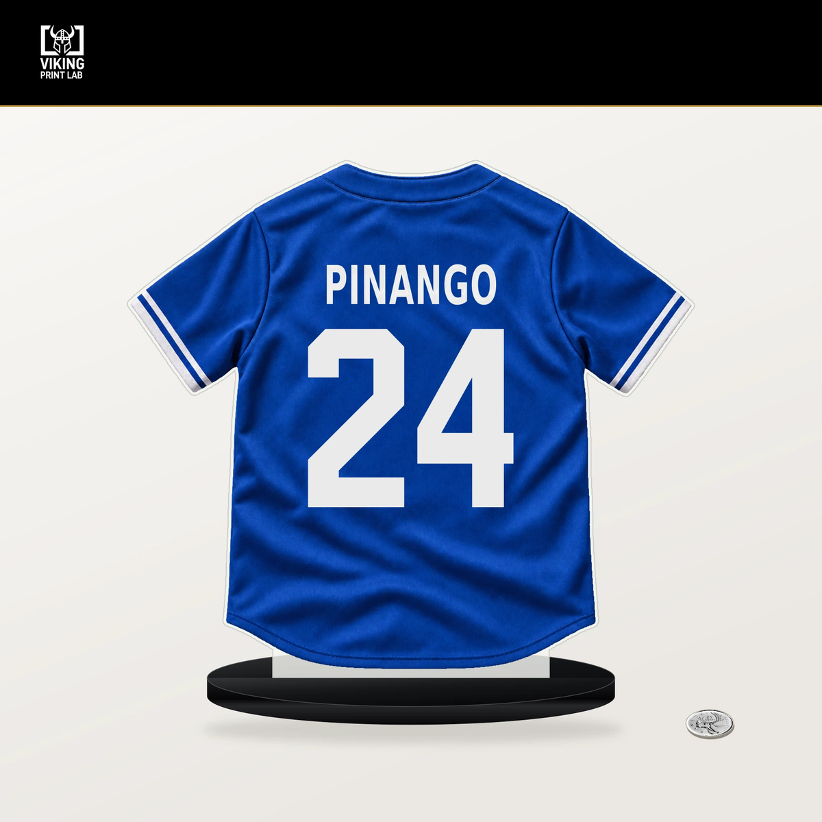 Yohendrick Pinango number 24 Toronto Blue Jays jersey stand with included black base.