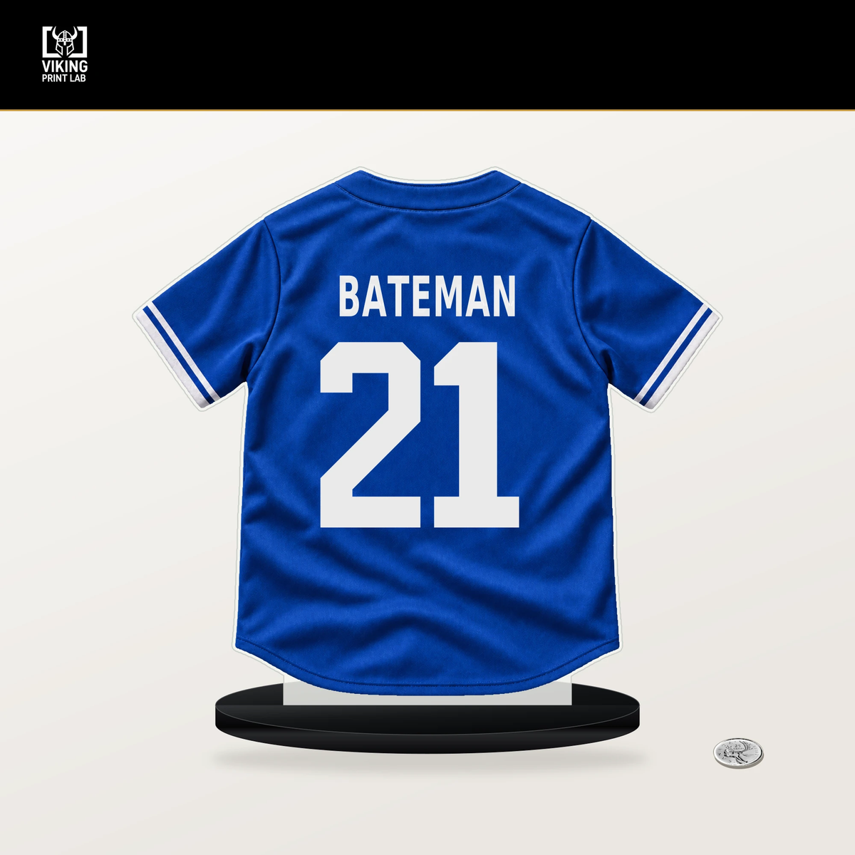 Brett Bateman number 21 Toronto Blue Jays jersey stand with included black base.