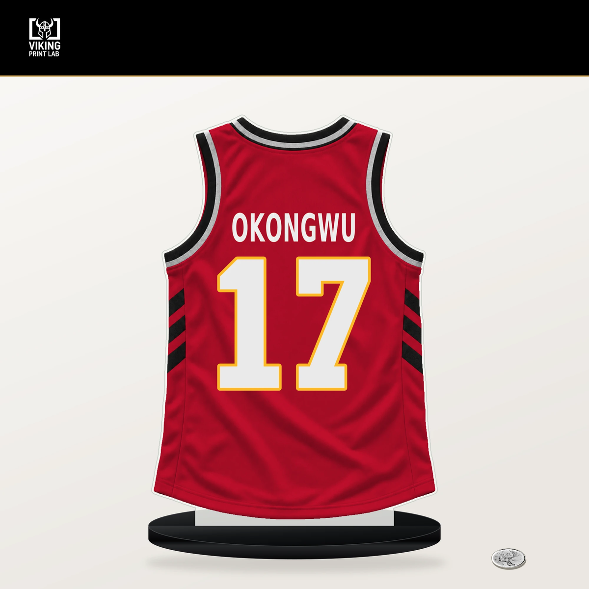 Onyeka Okongwu number 17 Atlanta Hawks jersey stand with included black base.