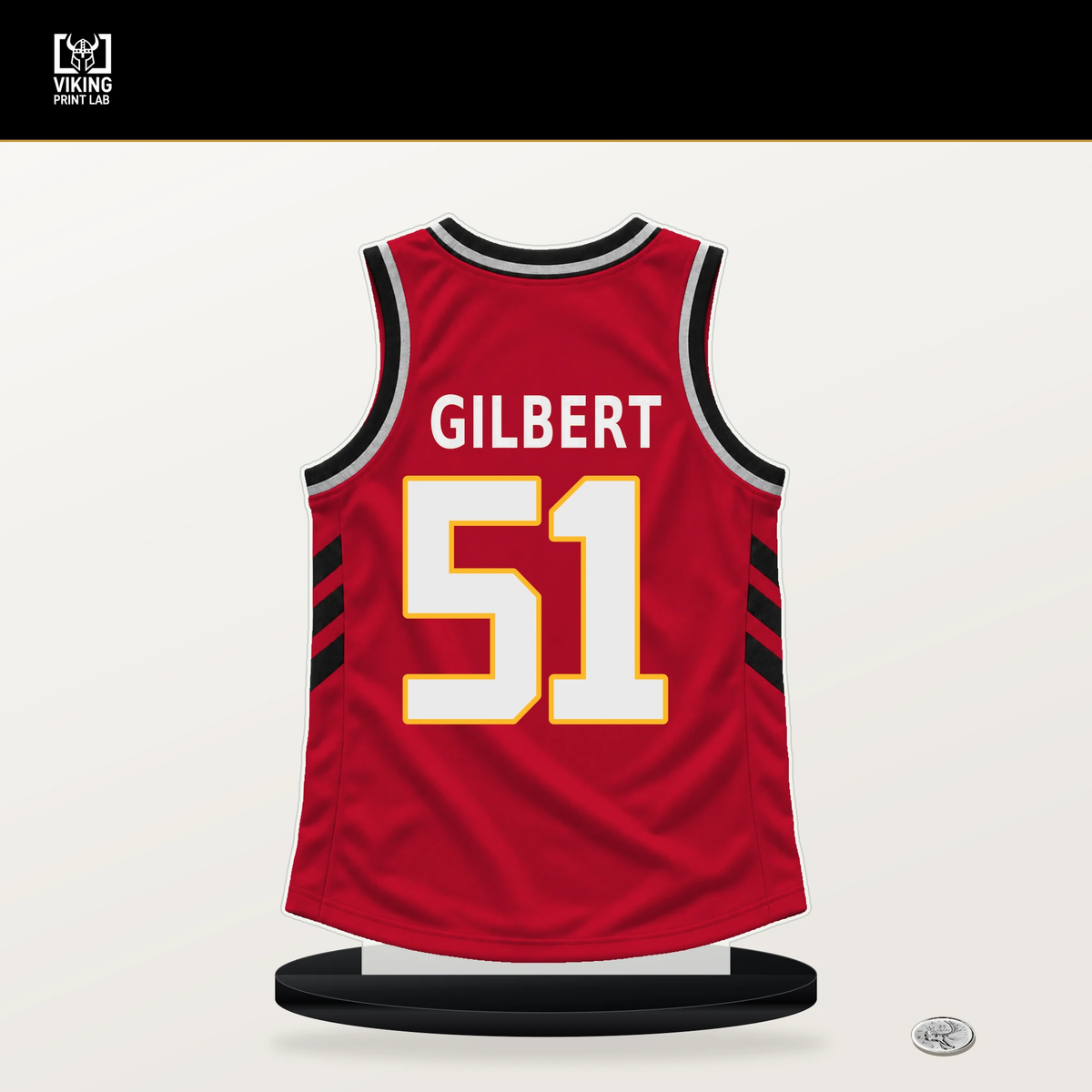 Keshon Gilbert number 51 Atlanta Hawks jersey stand with included black base.