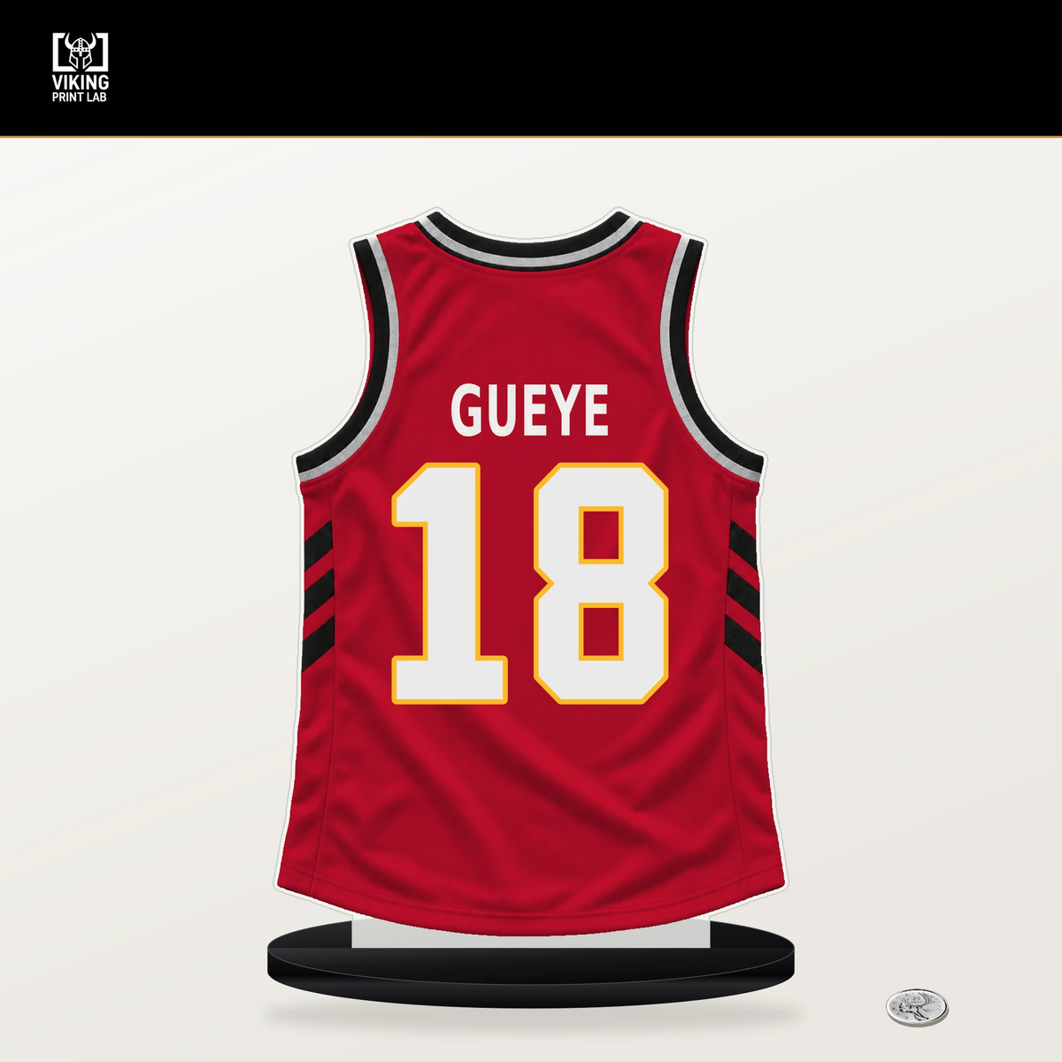Mouhamed Gueye number 18 Atlanta Hawks jersey stand with included black base.