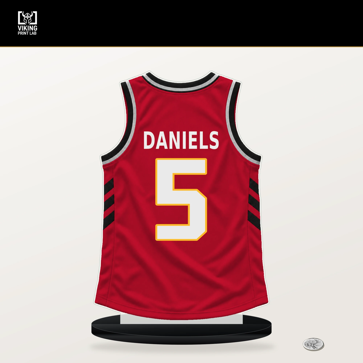 Dyson Daniels number 5 Atlanta Hawks jersey stand with included black base.