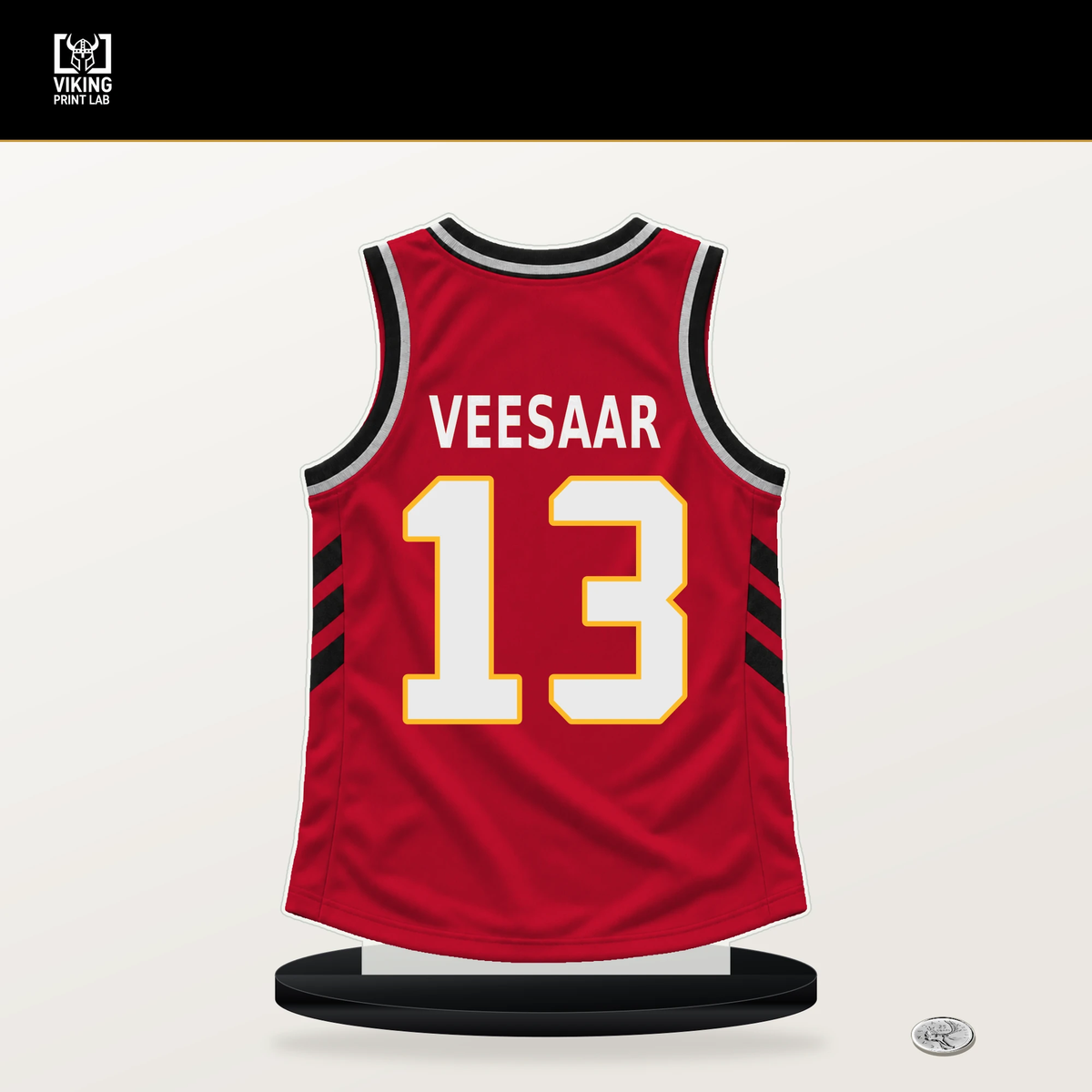 Henri Veesaar number 13 Atlanta Hawks jersey stand with included black base.