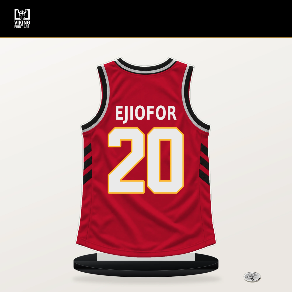 Zuby Ejiofor number 20 Atlanta Hawks jersey stand with included black base.