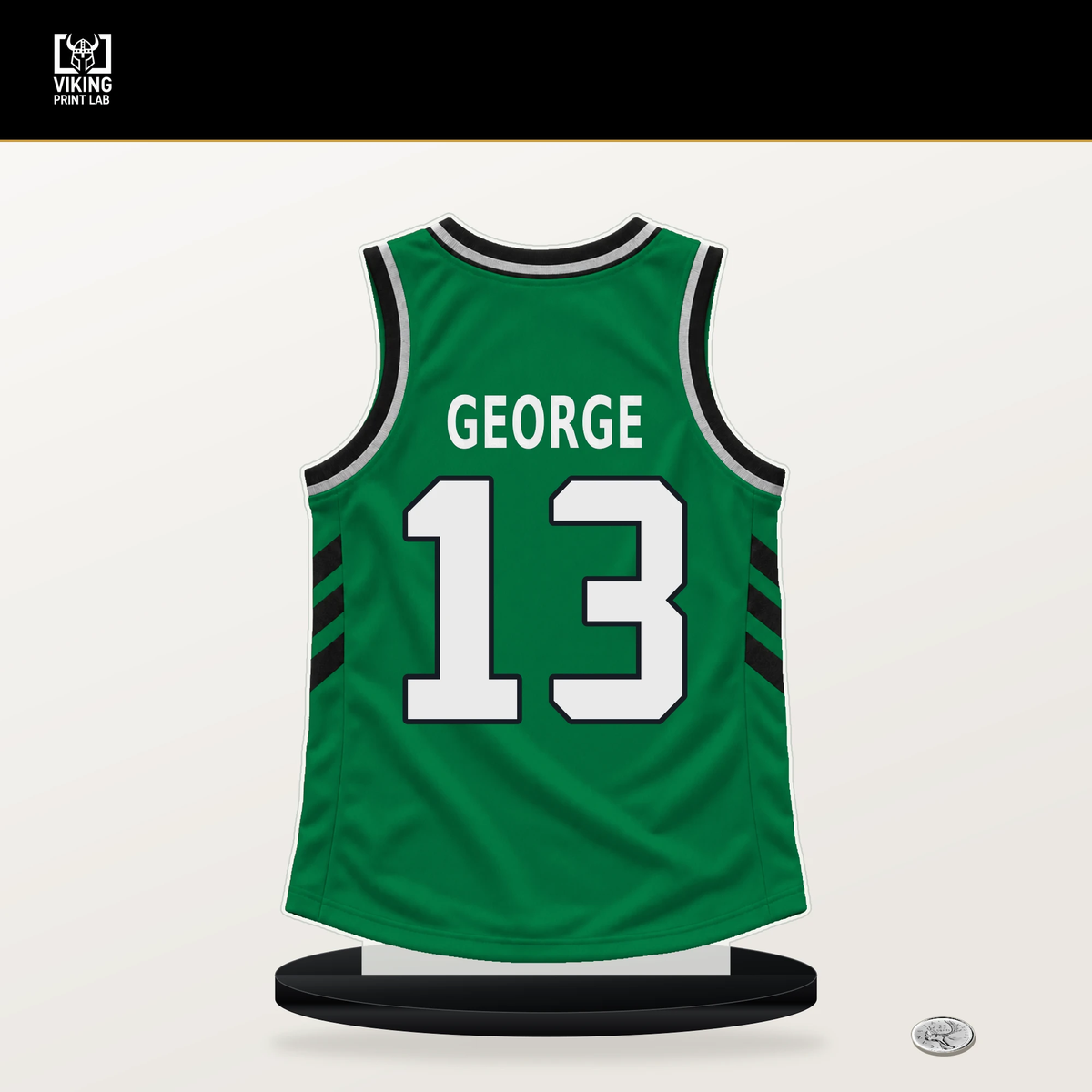 Paul George number 13 Boston Celtics jersey stand with included black base.