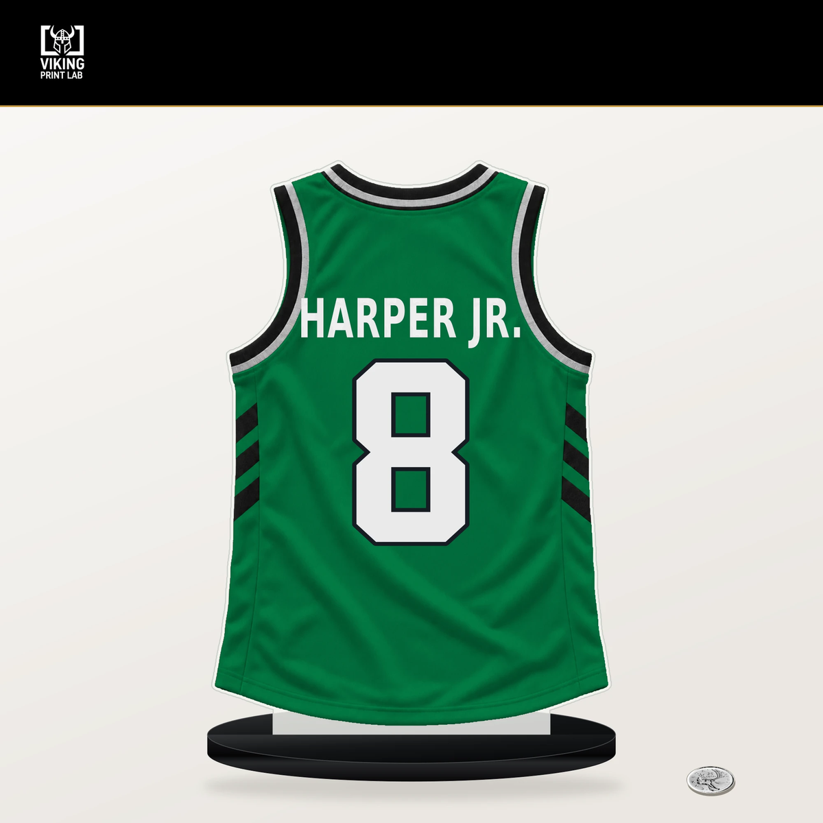Ron Harper Jr. number 8 Boston Celtics jersey stand with included black base.