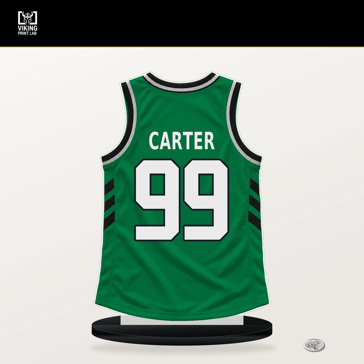 Devin Carter number 99 Boston Celtics jersey stand with included black base.