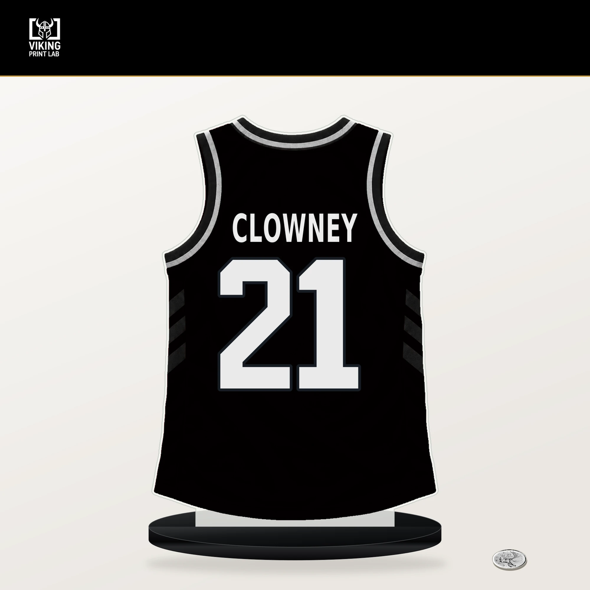 Noah Clowney number 21 Brooklyn Nets jersey stand with included black base.