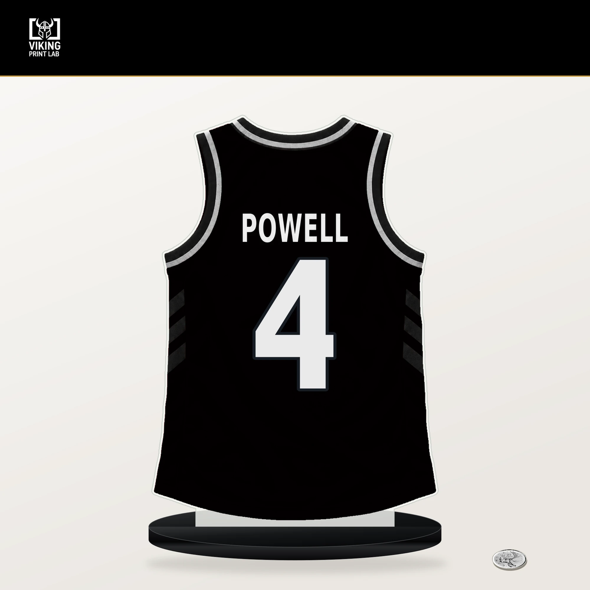 Drake Powell number 4 Brooklyn Nets jersey stand with included black base.
