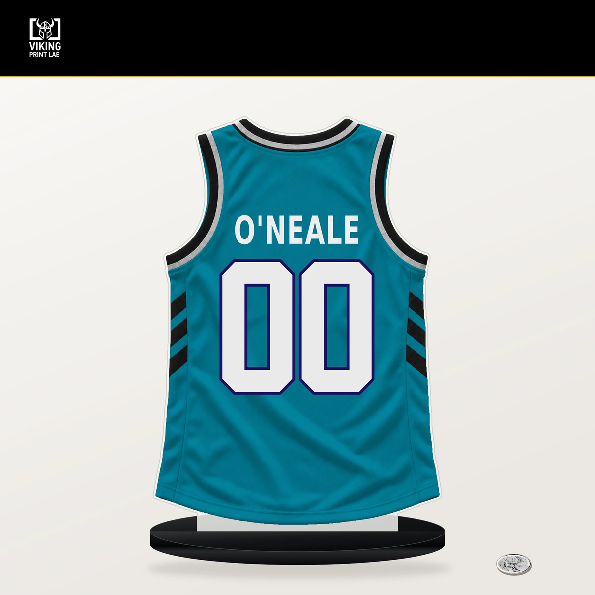 Royce O'Neale number 00 Charlotte Hornets jersey stand with included black base.