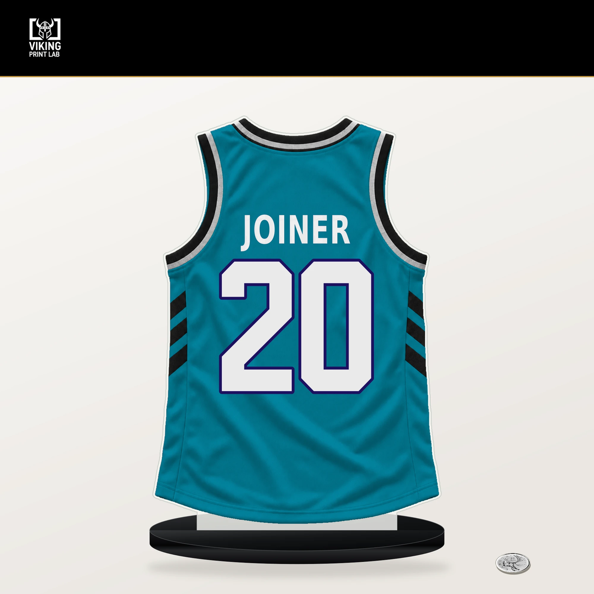 Jarkel Joiner number 20 Charlotte Hornets jersey stand with included black base.
