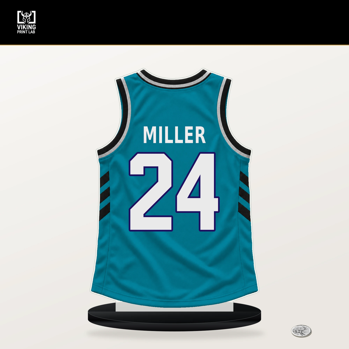 Brandon Miller number 24 Charlotte Hornets jersey stand with included black base.