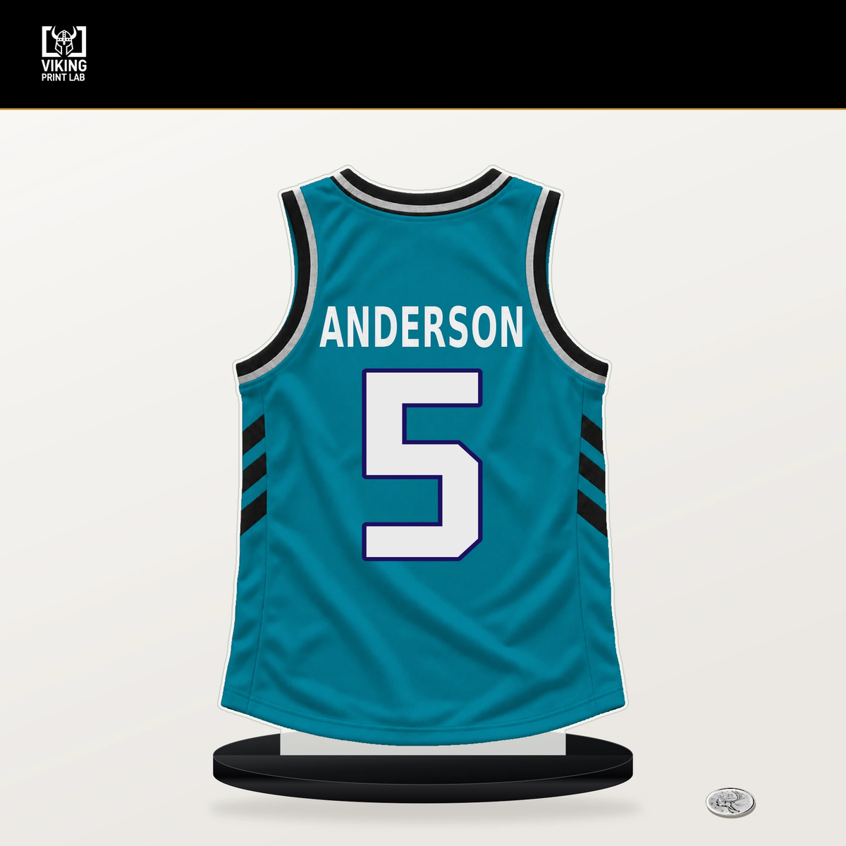 Christian Anderson number 5 Charlotte Hornets jersey stand with included black base.