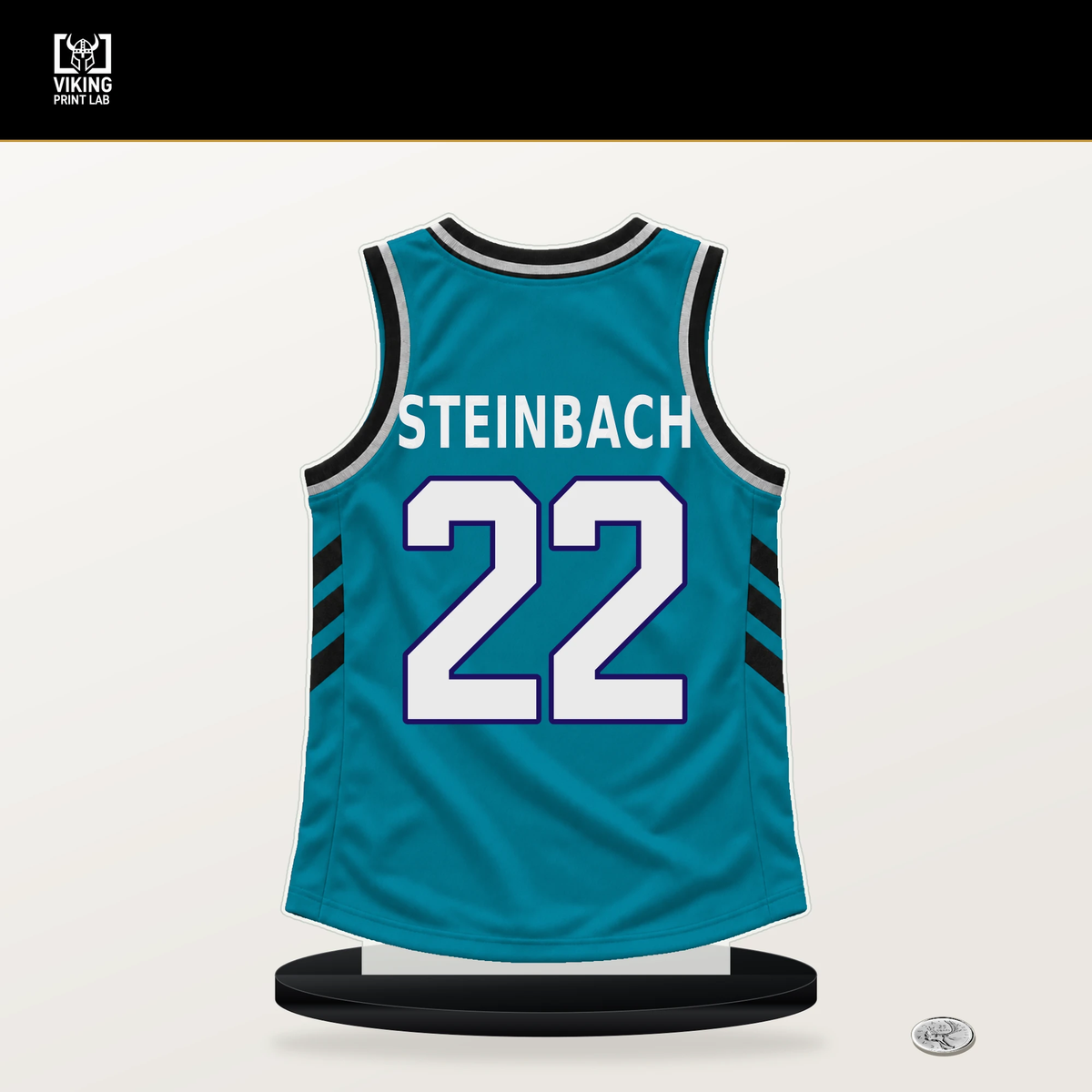Hannes Steinbach number 22 Charlotte Hornets jersey stand with included black base.