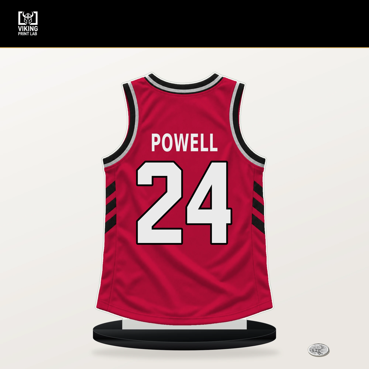 Norman Powell number 24 Chicago Bulls jersey stand with included black base.