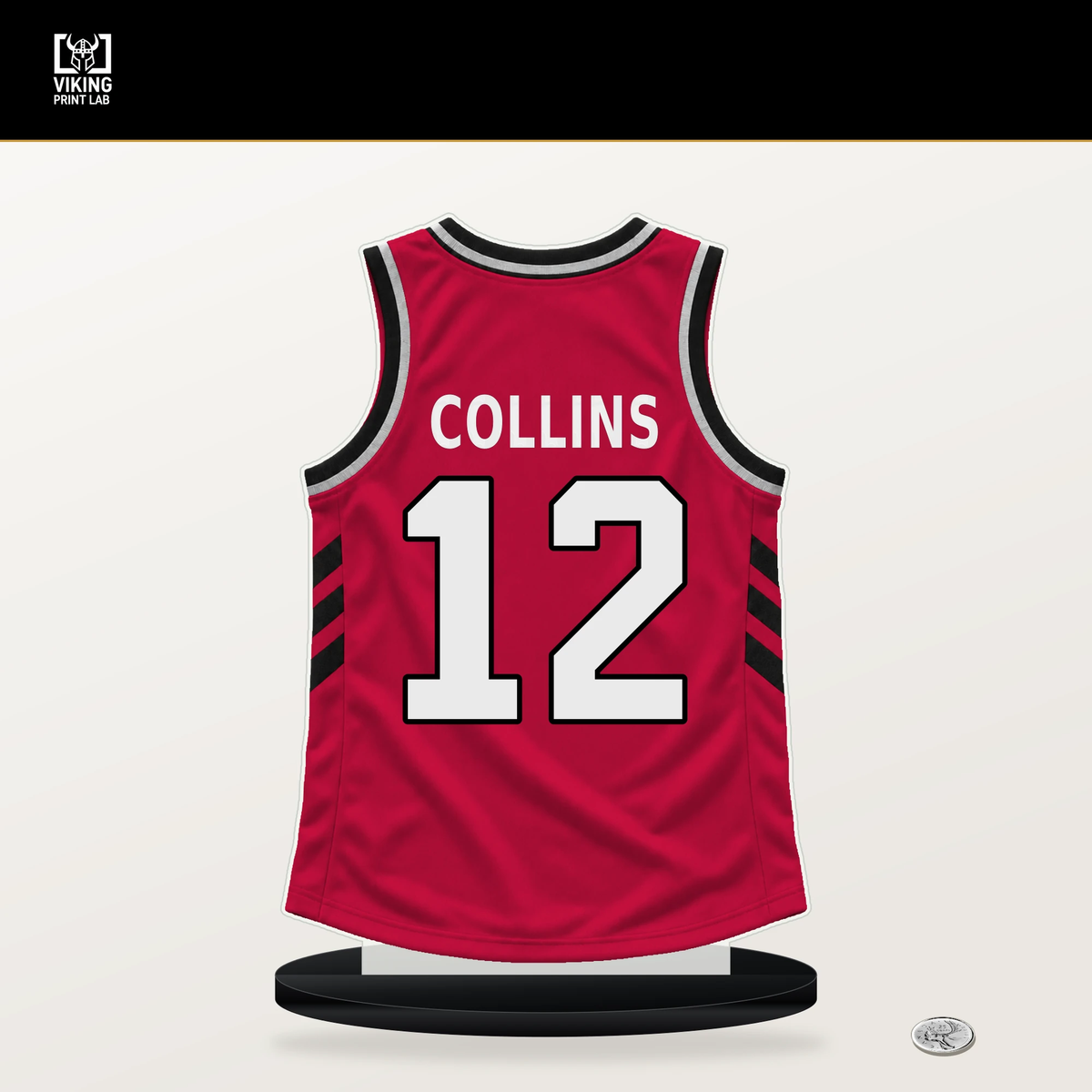 Zach Collins number 12 Chicago Bulls jersey stand with included black base.