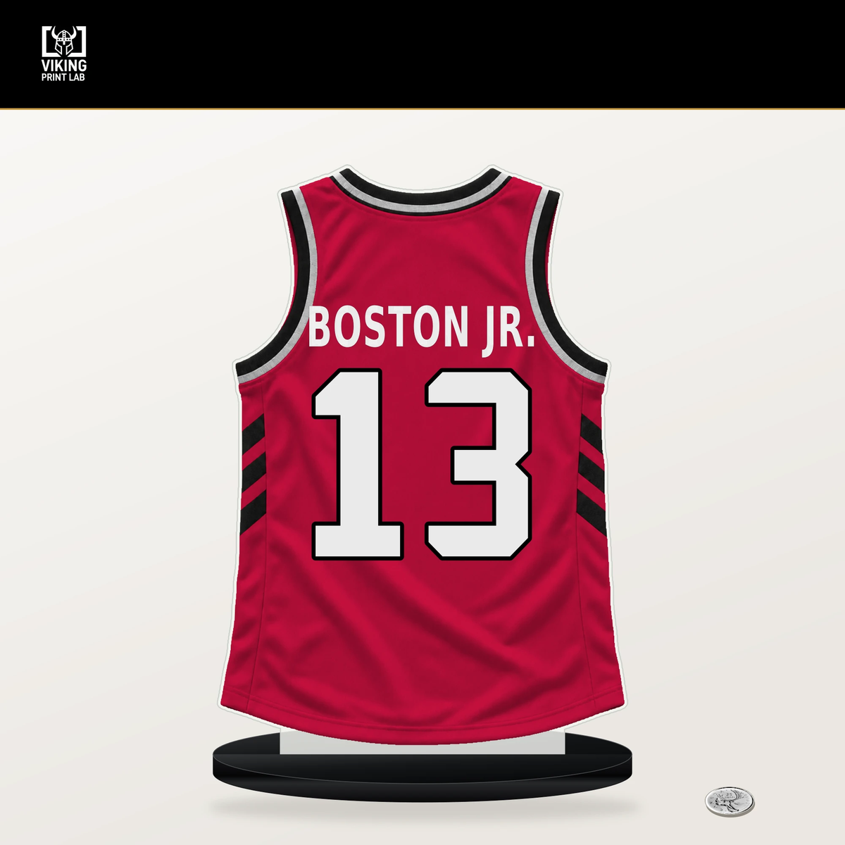 Brandon Boston Jr. number 13 Chicago Bulls jersey stand with included black base.