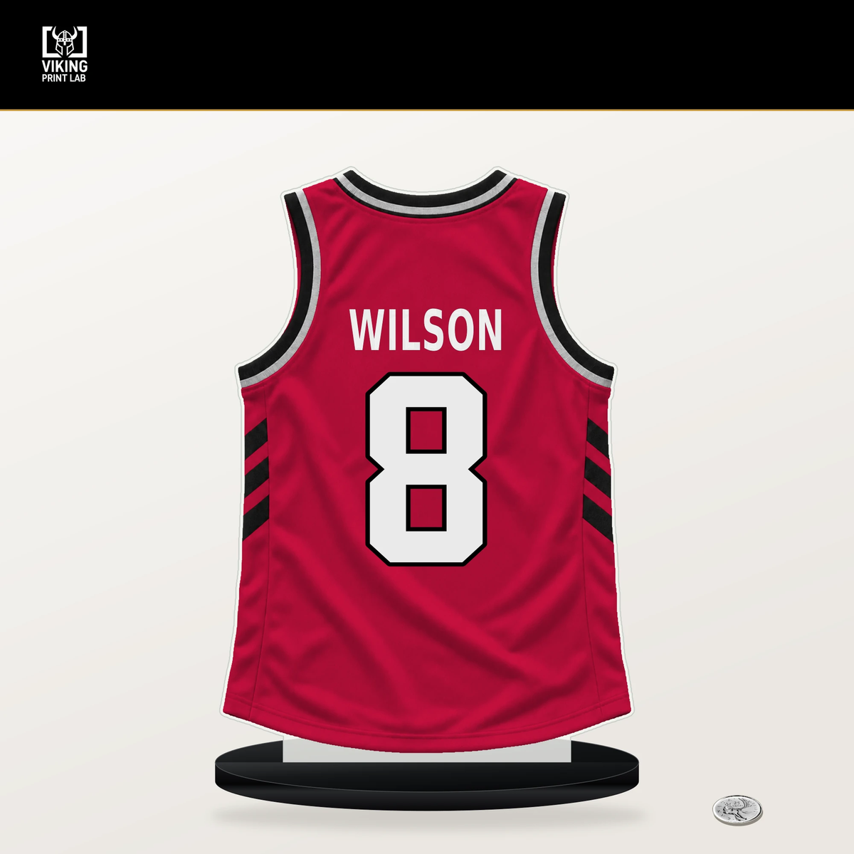 Caleb Wilson number 8 Chicago Bulls jersey stand with included black base.