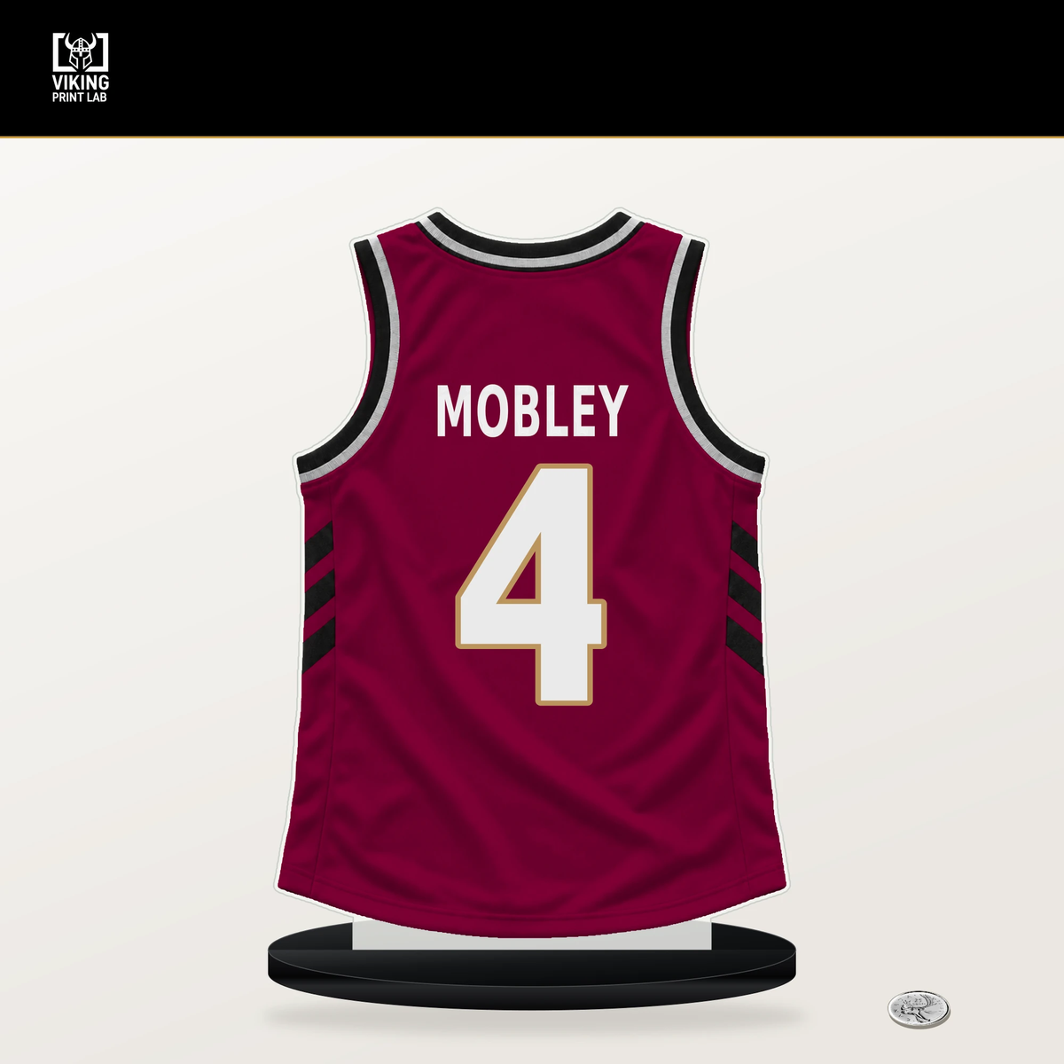 Evan Mobley number 4 Cleveland Cavaliers jersey stand with included black base.