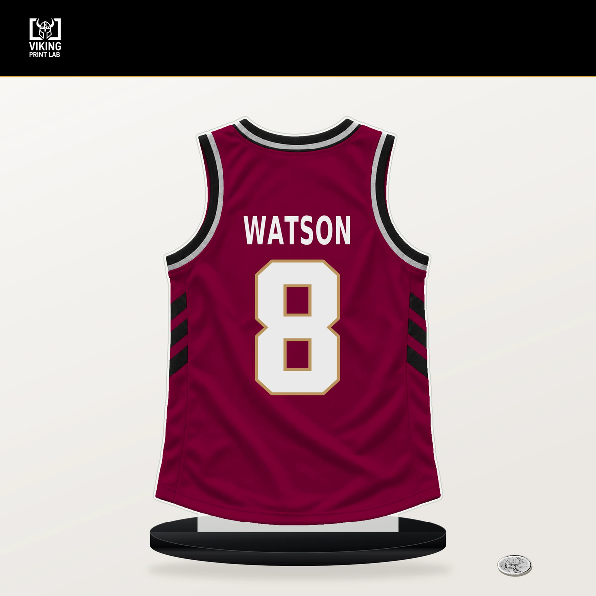 Peyton Watson number 8 Cleveland Cavaliers jersey stand with included black base.