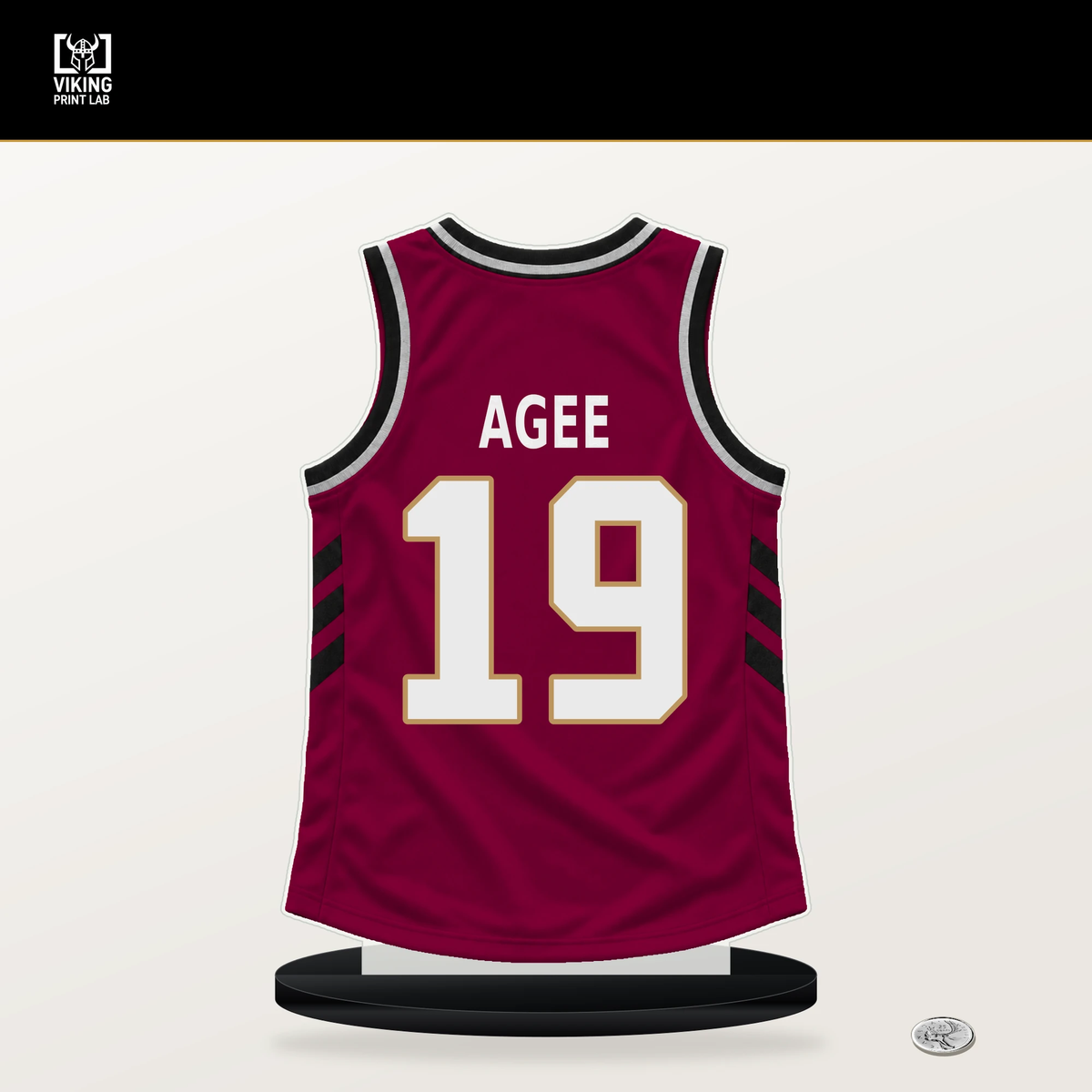 Rashaun Agee number 19 Cleveland Cavaliers jersey stand with included black base.