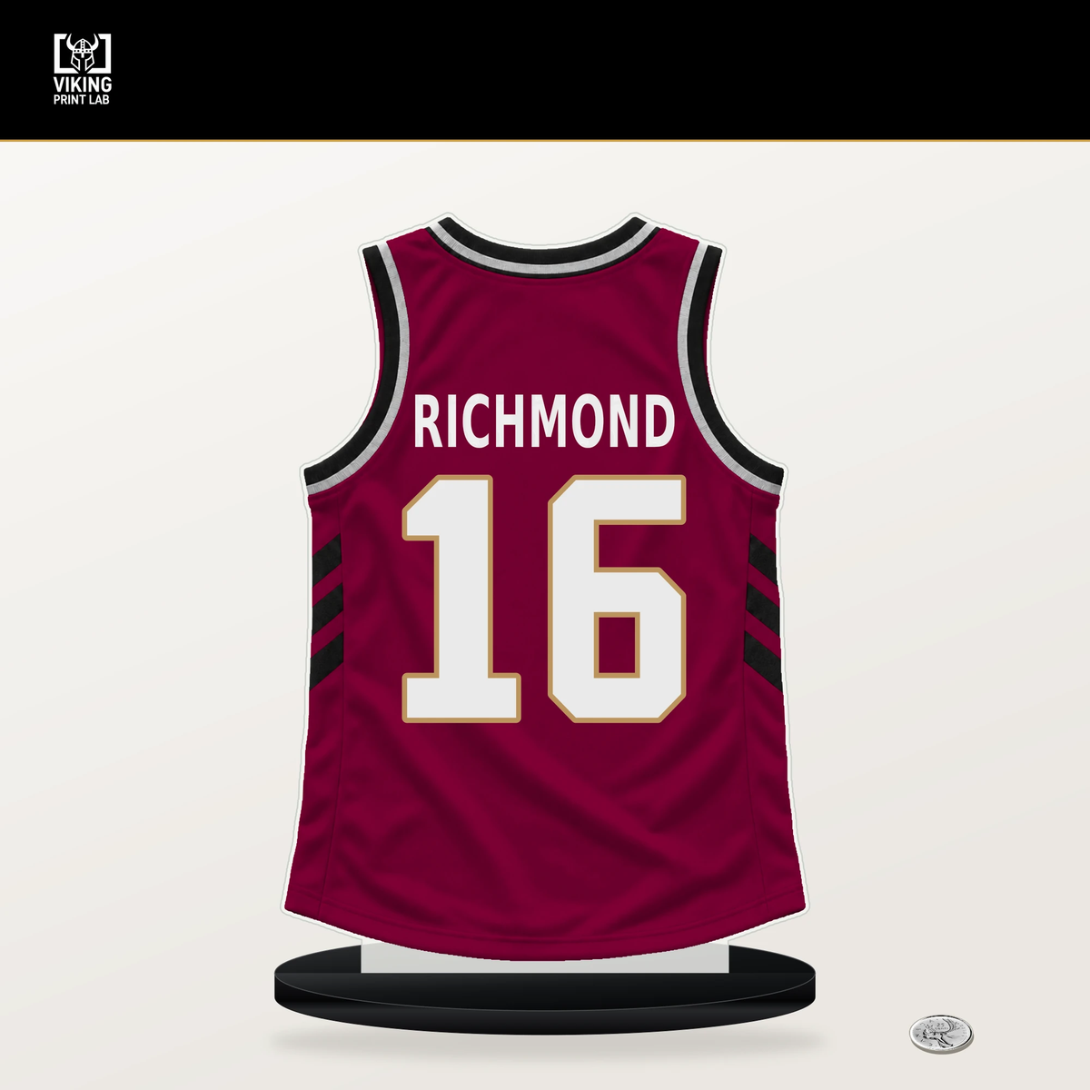 Kadary Richmond number 16 Cleveland Cavaliers jersey stand with included black base.