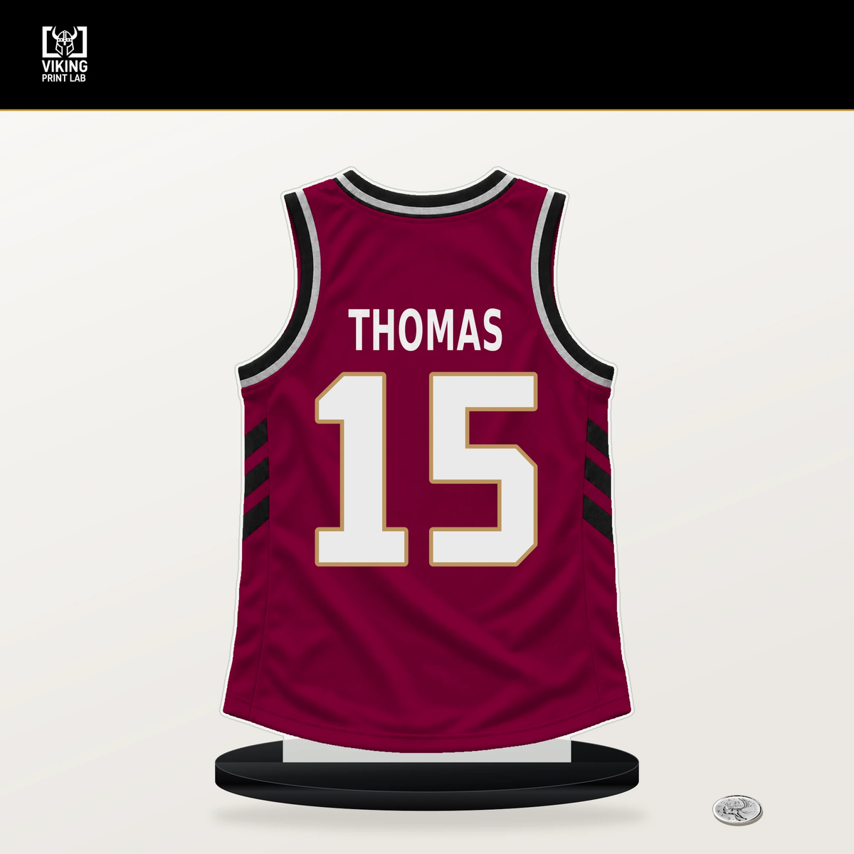Meleek Thomas number 15 Cleveland Cavaliers jersey stand with included black base.