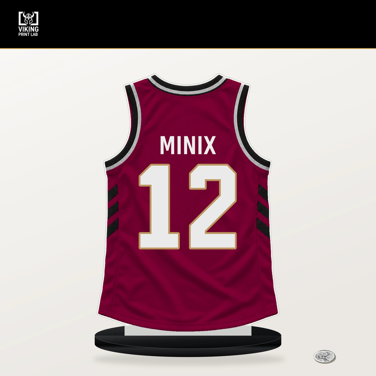 Riley Minix number 12 Cleveland Cavaliers jersey stand with included black base.